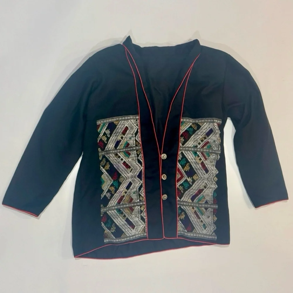 Vintage‎ Style Embroidered Jacket Boho Tribal Cropped Black Red Trim Women Small